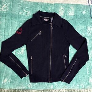 Vintage Harley-Davidson Black Zip Sweater Cardigan Cotton with Silver Zippers sm